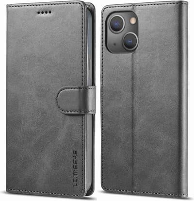 LC.IMEEKE Hoesje - Geschikt voor iPhone 14 Hoesje - LC.IMEEKE Luxe Book Case - Grijs