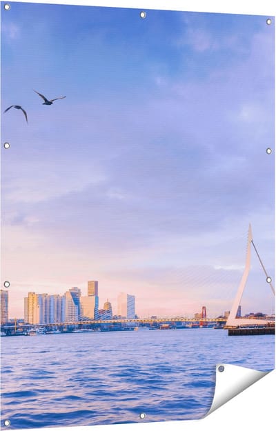 Gards Tuinposter Rotterdamse Skyline aan het Water - 90x120 cm - Tuindoek - Tuindecoratie - Wanddecoratie buiten - Tuinschilderij