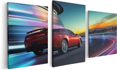 Artaza Canvas Schilderij Drieluik Rode Sportwagen Auto In De Stad - 120x60 - Foto Op Canvas - Canvas Print