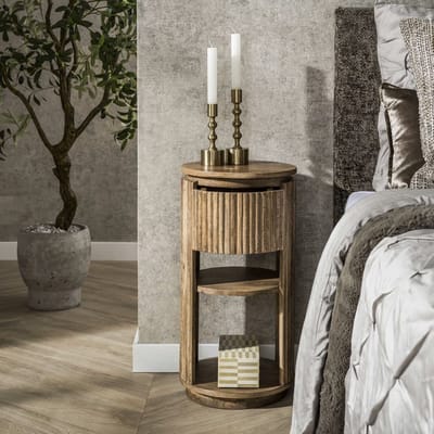 PS-Collection Rond Nachtkastje van Mangohout - Zandkleur met Lade - nachtkastje, nachtkastjes, nachtkastjes industrieel, nachtkastjes modern, nachtkastje zwevend