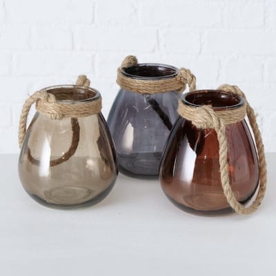 Windlicht - 3 set - Glas - Beige - Grijs - Bruin - Handmade - Ø14cm - Hoog 16cm - Jute