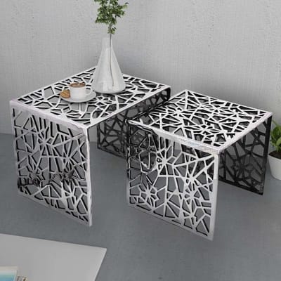 Bijzettafel Set - Tafel Vierkant - Meubels Decoratie - In Elkaar Passend - 49 x 39 x 40 cm - Zilverkleurig