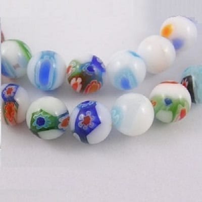 Millefiori glas, Venetië, witte Lampwork kralen met Millefiori, rond 6mm. Verkocht per streng van ca. 38cm