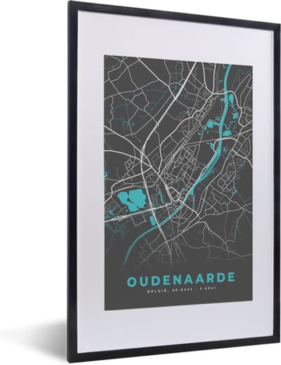 Fotolijst incl. Poster - Plattegrond – Oudenaarde – Blauw – Stadskaart - Kaart - 40x60 cm - Posterlijst
