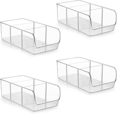 Famanu - Doorzichtig Plastic Koelkast & Kelder Organizer met Verdelers (4 Pak) – Keuken Opslagbakken & Snack Containers – Koelkast Organizer voor Voedsel & Drank – Kast Organizers & Kelderopslag