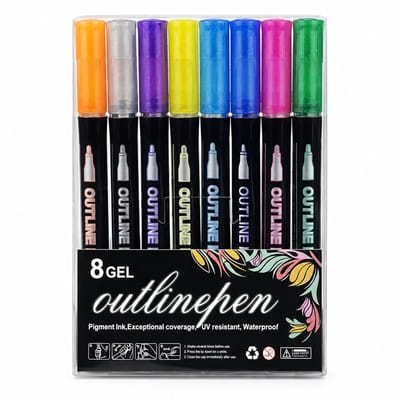 Contourmarkers - 8 kleuren, versie A - Metallic glanseffect met dubbele lijnen - Voor creatieve doe-het-zelfprojecten - Verpakkingsgewicht 80 g