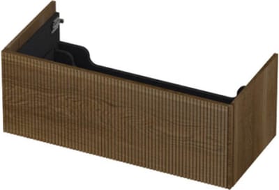 INK® wastafelonderkast 1 lade greeploos push to open echt hout met verticaal gefreesd front 100x45x38cm, massief eiken ash grey