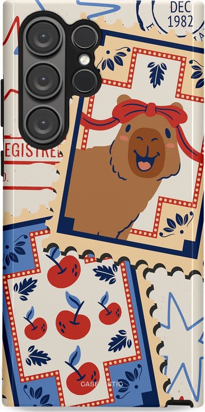 Casetastic hoesje geschikt voor Samsung Galaxy S23 Ultra - Dubbellaagse bescherming - Kerst Capibara Post van de Noordpool - Fashion Case - Lichtgrijs Zand Terracotta