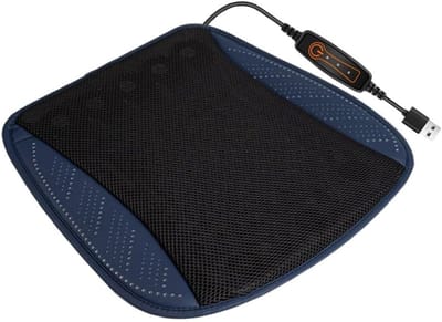 VHV - Autostoelkussen - Ventilerend autostoelkussen - Koelend stoelkussen - Met 5 ventilatoren - 3 standen - USB aansluiting - Ademend mesh - Voor auto en kantoor - 43 x 43 cm - Blauw