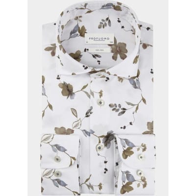 Profuomo slim fit heren overhemd - popeline - wit met lichtblauw en beige bloemen dessin - Strijkvrij - Boordmaat: 39