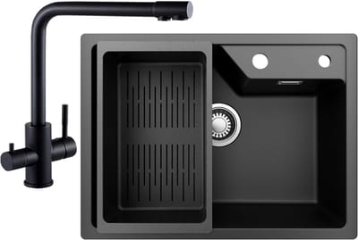 Sofetiy Max Granieten Spoelbakken (65*45cm)Zwart - Spoelbak Keuken Met 3 Wege Keukenkraan - Wasbak Keuken Met Waterafvoersysteem en Wasbak Vergiet