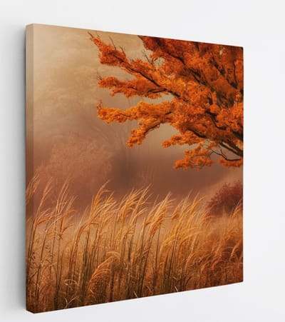 Saammp Canvas Schilderij - Bos tijdens de herfst - Landschap - graan - Natuur - 20x20 - Foto op canvas - Wanddecoratie - Muurdecoratie Woonkamer - Slaapkamer decoratie - Canvas Print