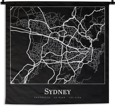 Wandkleed - Wanddoek - Kaart - Sydney - Stadskaart - Plattegrond - 180x180 cm - Wandtapijt