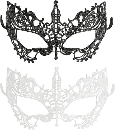 Elegante Venetiaanse Lacemaskers voor Vrouwen - 2-delige Set voor Carnaval, Kostuumfeesten en Bals, Zwart en Wit