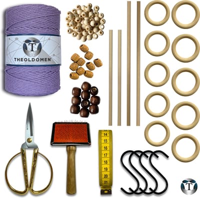 Deluxe Macramé Pakket | Lichtpaars | 200 METER | Triple Twist | 3mm | Starter Set | Schaar | S-haken | Kam | Meetlint | Ringen | Kralen | Stokken | Macramé Touw | 100% Katoen | DIY | Macramé | Wandkleed | Plantenhanger | TheOldOmen