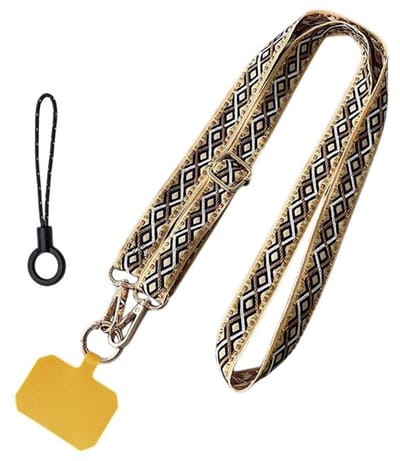 Mj Joys® - Telefoon koord – Telefoon Nekkoord - Telefoonketting – Telefoon Nekkoord - Telefoonkoord Universeel - Phone cord - Telefoonkoorden – Telefoonlusje - Verstelbaar tot 120 cm – Goudbruin – Ruitmotief