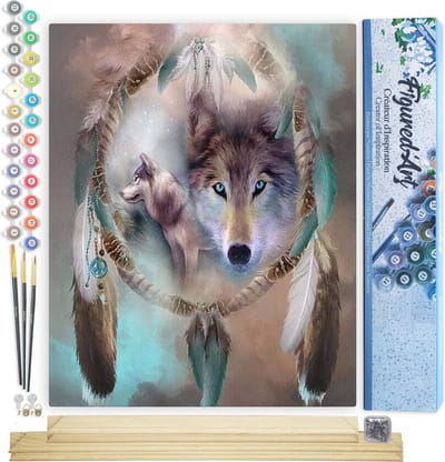Figured'Art Schilderen op Nummer Volwassenen canvas Wolven en veren - Handwerk acrylverf Kit DIY Compleet - 40x50cm met DIY houten lijst