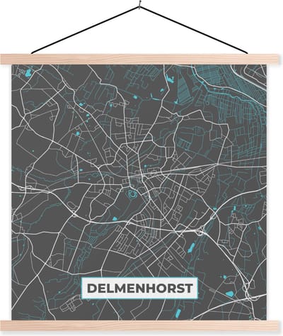 Posterhanger incl. Poster 60x60 cm - Schoolplaat - Kaart – Plattegrond – Stadskaart – Delmenhorst – Duitsland – Blauw - Textielposter - Blanke latten - Stadskaart