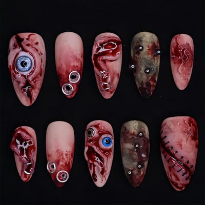Dailygoods- Kunstnagels Halloween Set - 30 Stuks Middellange Amandelvorm - Glanzend Acryl - Valse Nagels met Oogbal/Bloed Design - Volledige Dekking