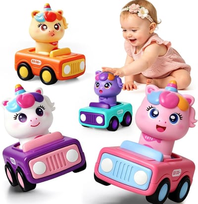 4 Stuks Druk & Ga Eenhoorn Wrijvingsauto Speelgoed voor Peuters - Schattige Cartoon Regenboog Eenhoorn Voertuig Speelset - BPA Vrij Montessori Vroegonderwijs Duwauto's voor 1 2 3 Jaar Oude Meisjes Baby Cadeau