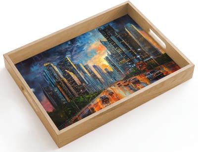 Dienblad hout 40x30 cm - Schootdienblad - Auto - Skyline - Zon - Blauw - Borrelplank rechthoek - Plateau dienbladen