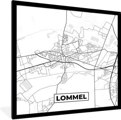 Fotolijst incl. Poster Zwart Wit- België – Lommel – Stadskaart – Kaart – Zwart Wit – Plattegrond - 40x40 cm - Posterlijst