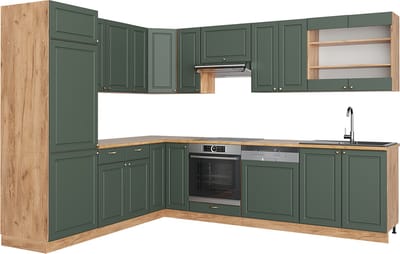 Vicco Hoekkeuken Fame-Line, Groen-Goud Landhuis/Goudkleurig Eiken, 287 x 227 cm zonder werkblad