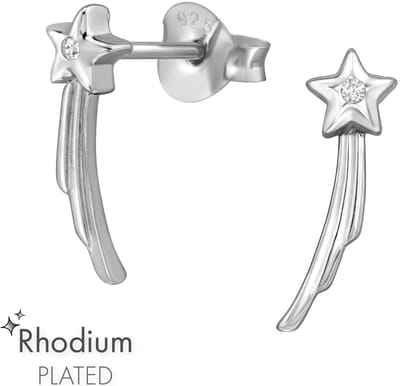 Joy|S - Zilveren ster oorbellen - 4 x 13 mm - vallende ster oorknoppen - gehodineerd / rhodium