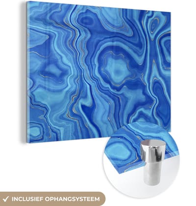 MuchoWow® Glasschilderij 120x90 cm - Schilderij acrylglas - Blauw - Agaat geode - Stenen - Marmer - Foto op glas - Schilderijen
