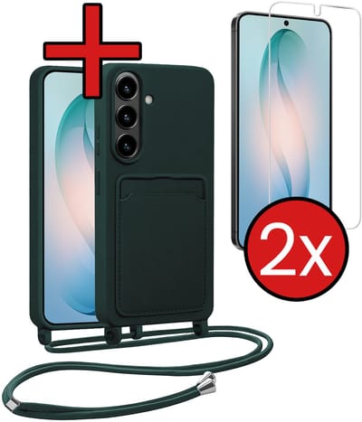 Hoesje Geschikt voor Samsung S26 Hoesje Siliconen Case Met Koord Met 2x Screenprotector - Hoes Geschikt voor Samsung Galaxy S26 Hoesje Backcover Met Telefoonkoord - Donkergroen