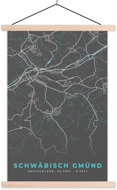 Posterhanger incl. Poster 40x60 cm - Schoolplaat - Schwäbisch Gmünd – Stadskaart – Blauw – Plattegrond – Stadskaart – Kaart - Duitsland - Textielposter - Blanke latten - Stadskaart