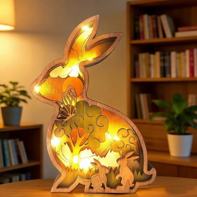 Decoratiefiguren van hout met ledlicht, 3D paashaas paasdecoratie met led, verlicht paasdecoratie, dieren, houten sculptuur, decoratie voor lentedecoratie, tafeldecoratie, cadeau, konijn