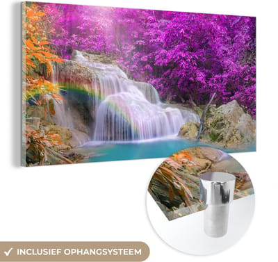MuchoWow® Glasschilderij 40x20 cm - Schilderij acrylglas - Waterval - Bomen - Regenboog - Paars - Foto op glas - Schilderijen