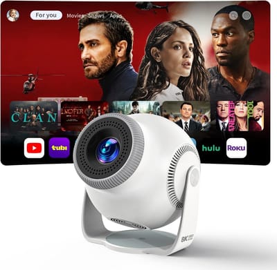 Slimme miniprojector met Android 14 OS, 1080P/4K/8K-videodecodering, WiFi 6 & Bluetooth 5.4, 270° draaibare standaard, automatische verticale keystone-correctie – Draagbare projector voor slaapkamer & home-entertainment (Wit)