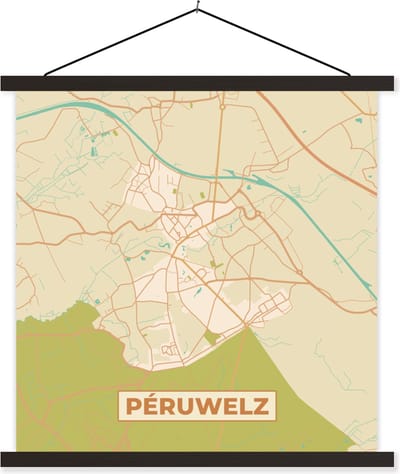 Posterhanger incl. Poster 60x60 cm - Schoolplaat - Plattegrond - Kaart - België - Stadskaart - Péruwelz - Textielposter - Zwarte latten - Stadskaart