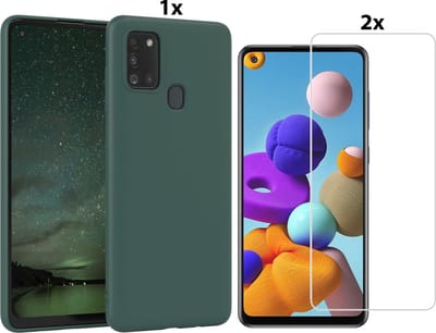 Hoesje Geschikt Voor Samsung Galaxy A21s Hoesje Soft Nano Silicone Backcover Gel Donkergroen Met 2x Glazen Screenprotector