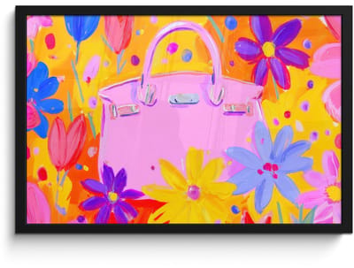 Poster in lijst - Fotolijst 60x40 cm - Posters - Tas - Roze - Bloemen - Posterlijst zwart - Decoratie - Wanddecoratie woonkamer - Muurdecoratie slaapkamer