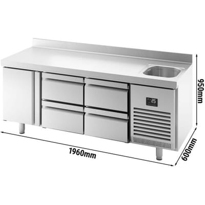 GGM Gastro Kühltisch Premium PLUS - 1960x600mm - mit 1 Becken, 1 Tür, 4 Schubladen - Aufkantung