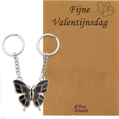 Koppel Sleutelhanger voor 2 'Fijne Valentijnsdag' - Vlinder VERANDERT VAN KLEUR - Sleutelhanger set op Cadeau Kaartje - Zilverkleurig - Vriendschap of Relatie Symbool - Pax Amare