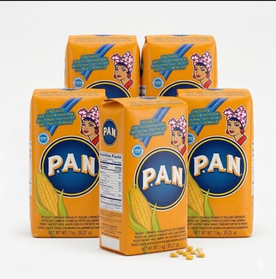Harina PAN 5 x 1kg Voorgekookt Geel Maïsmeel – Premium Kwaliteit Meel voor Authentieke Arepa’s, Glutenvrij & Veelzijdig – Ambachtelijke Goudgele Textuur & Rijke Smaak Traditionele Amerikaanse Gerechten – Eenvoudig te Bereiden – Kajal Sticker