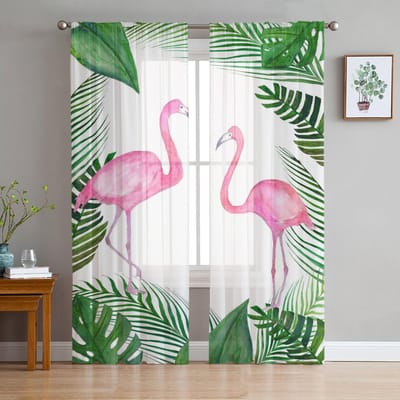 Flamingo Groene Planten Tule Gordijnen Voor Woonkamer Transparant Gordijn Slaapkamer Voile Decoratieve Raambekleding 135W x 114H(cm) white