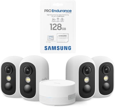 eufy Security eufyCam C35 4-Cam Kit, Wit, Draadloze Beveiligingscamera Voor Buiten en Binnen + SAMSUNG MicroSDXC 128GB PRO - Bundel