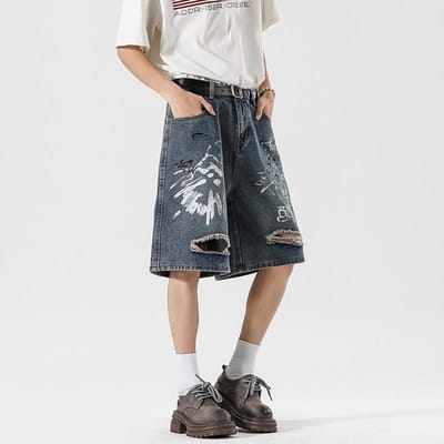 Nieuwe Zomer Wijde Denim Middellange Broek Heren Gebakken Zoutwater Wassing 5-minuten Shorts XL gray