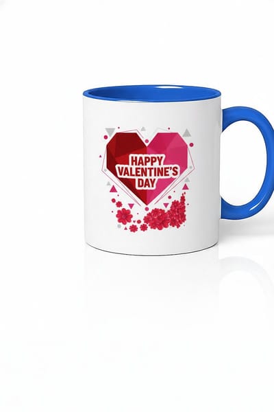 Valentijnsdag Mok Happy Valentine's Day met Geometrisch Hart en Bloemen - Wit & Blauw Keramiek Cadeau