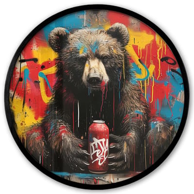 Poster in lijst Rond - Fotolijst 40x40 cm - Posters - Graffiti - Beer - Dier - Muur - Street art - Ronde posterlijst zwart - Decoratie - Wanddecoratie woonkamer - Muurdecoratie slaapkamer