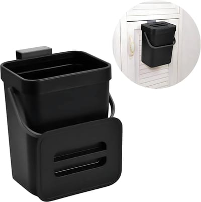 Prullenbak 3 liter Zwart - Compostbak keuken 3 l - ophangbare bio-afvalbak, hangende opslag, afvalbak met deksel voor keuken, badkamer, auto, kantoor, slaapkamer (zwart)