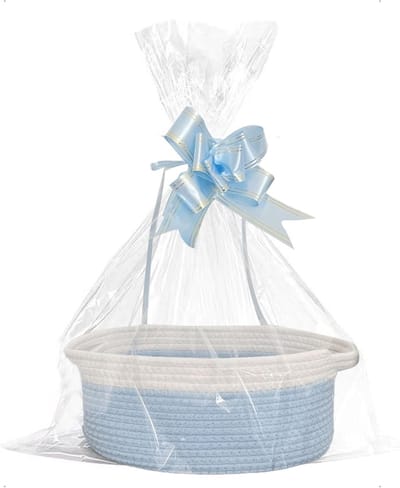 Hoogwaardige Lege Geschenkmand 30 X 20 X 12 cm voor Kerstcadeaus en Bruiloften, Inclusief Cadeauzakjes en Linten, Perfect voor Brood en Fruit, Blauw en Wit