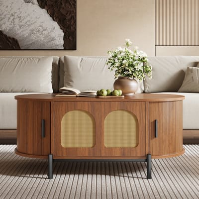 HAUSS SPOLE Salontafel - Ovaal Met Rotan Schuifdeuren En Opbergruimte - Voor Woonkamer Of Bijzettafel - MDF - 100x50x40 Cm