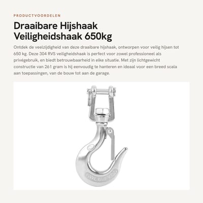 Dailygoods- Hijshaak Draaibaar 650kg - RVS - Veiligheidshaak - Grendel - Ketting - Schokbestendig