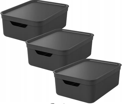 Rotho Jive opbergboxen set van 3 Opbergdozen 10 L met Deksel, Kunststof (PP Gerecycled), Zwart/Antraciet, 3 x 10 L, 36,5X26,5X13CM